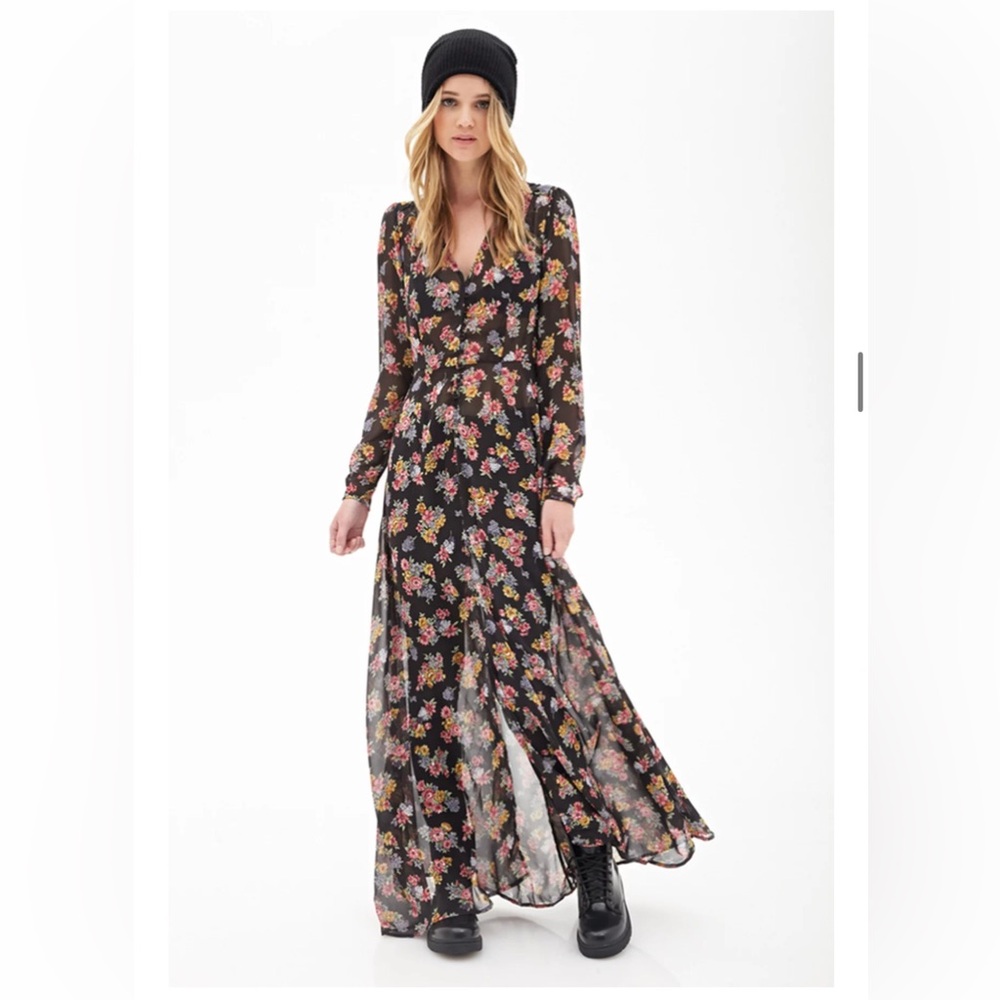 Forever 21 Floral Long Sleeve Dress - Black and Pink